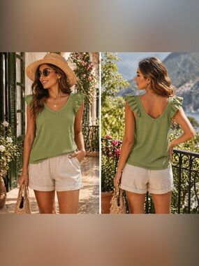 Old Navy Olive Green Ruffle Sleeve V-Neck Tank Top